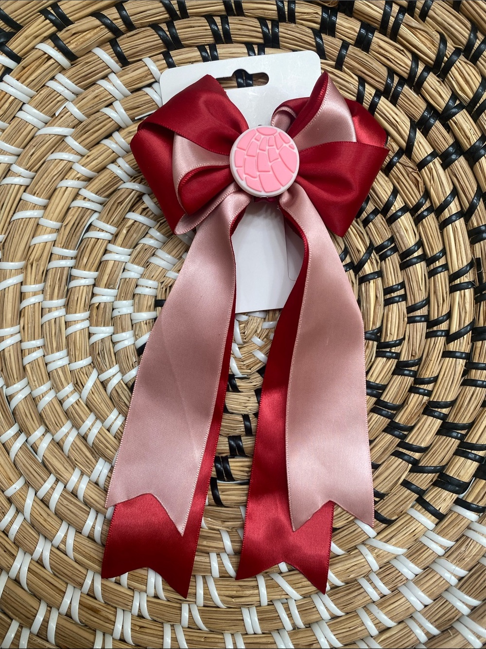 Red and Blush Mexican Concha Satin Bow Hair Clip